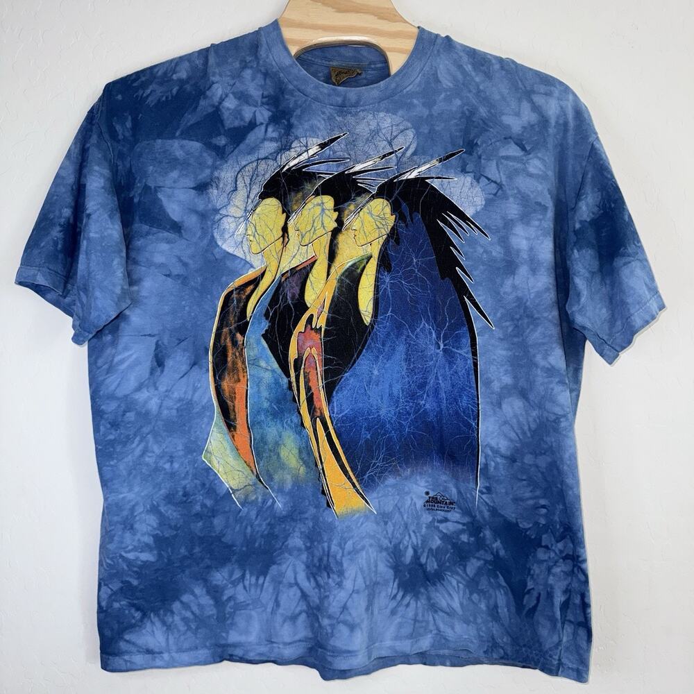 The Mountain Vintage Native American Art T-Shirt Blue Tie Dye 1998 USA Made XXL